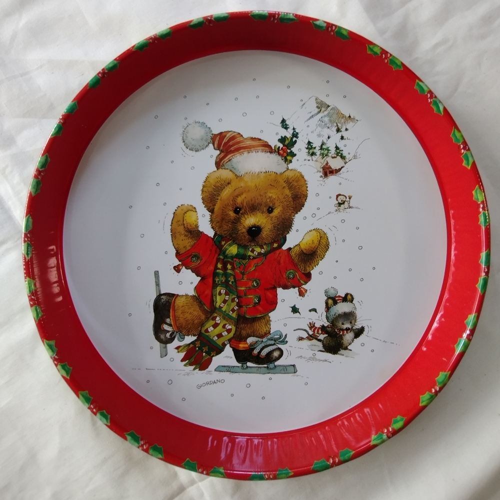 VTG Christmas Metal Cookie serving tray Giftco Giordano Bear Ice skating 90's